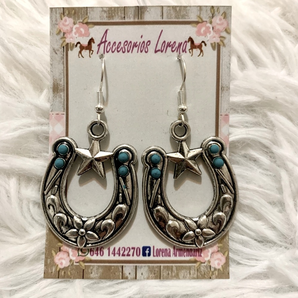 Silver horseshoe, star, turquoise detail cowgirl earrings
